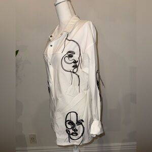 Artistic Face Embroidered White Shirt Dress